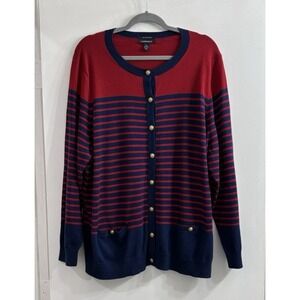 Lands End Women 2X Cardigan Sweater Red Blue Coastal Nautical Gold Button Preppy